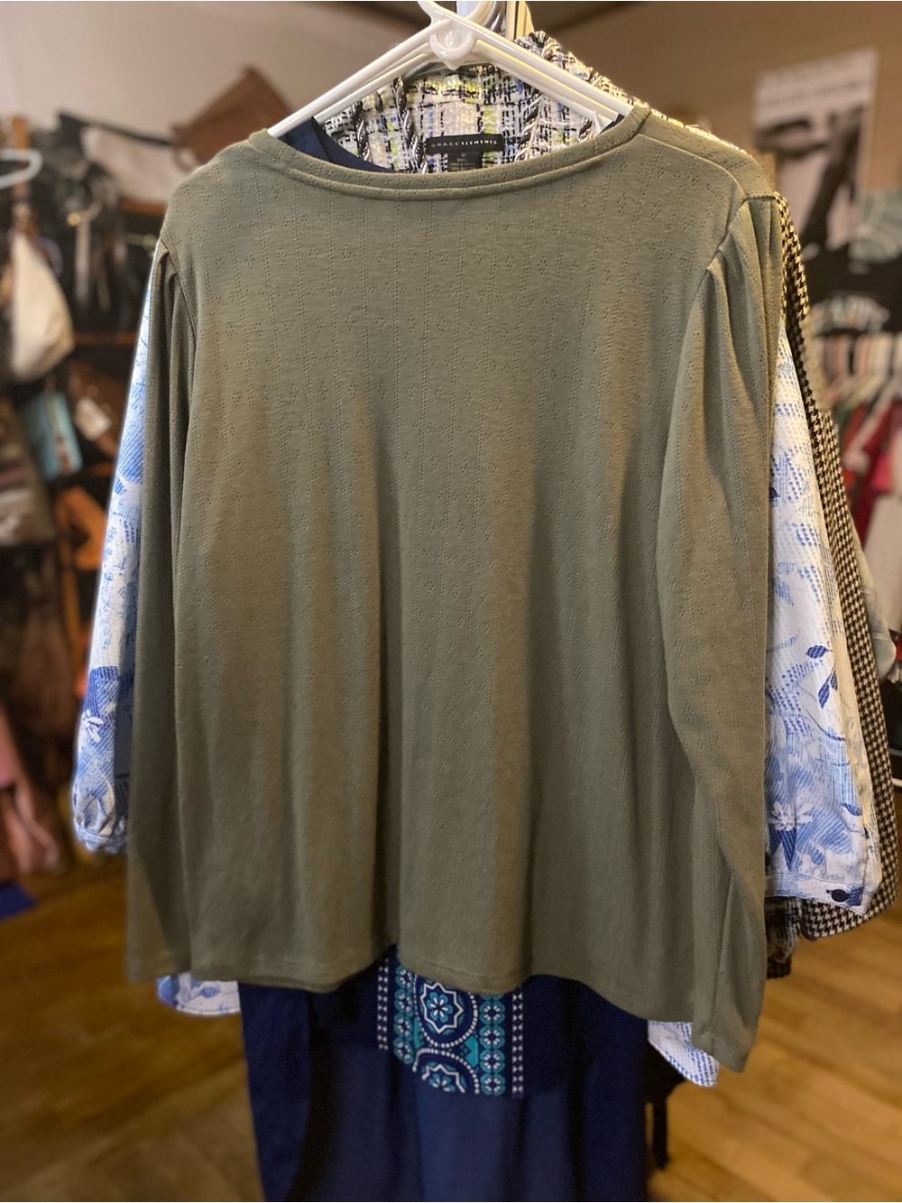 Well Worn Olive Green Long Sleeve Crewneck Top - Picture 3 of 3